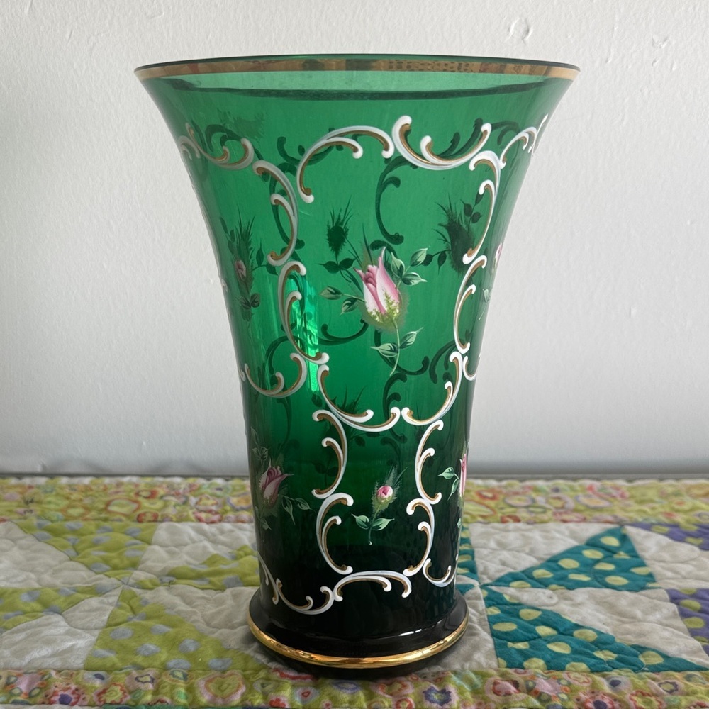 Vintage 1920s Bohemian (Czech) Emerald Green Art Glass, Floral Details, Gold Rim